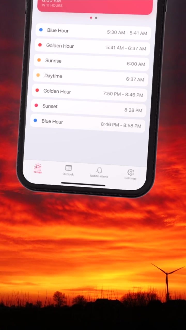 Blue Hour 5:30 AM - 5:41 AM Golden Hour 5:41 AM - 6:37 AM Sunrise 6:00 AM Daytime 6:37 AM Golden Hour 7:50 PM - 8:46 PM Sunset 8:28 PM Blue Hour 8:46 PM - 8:58 PM