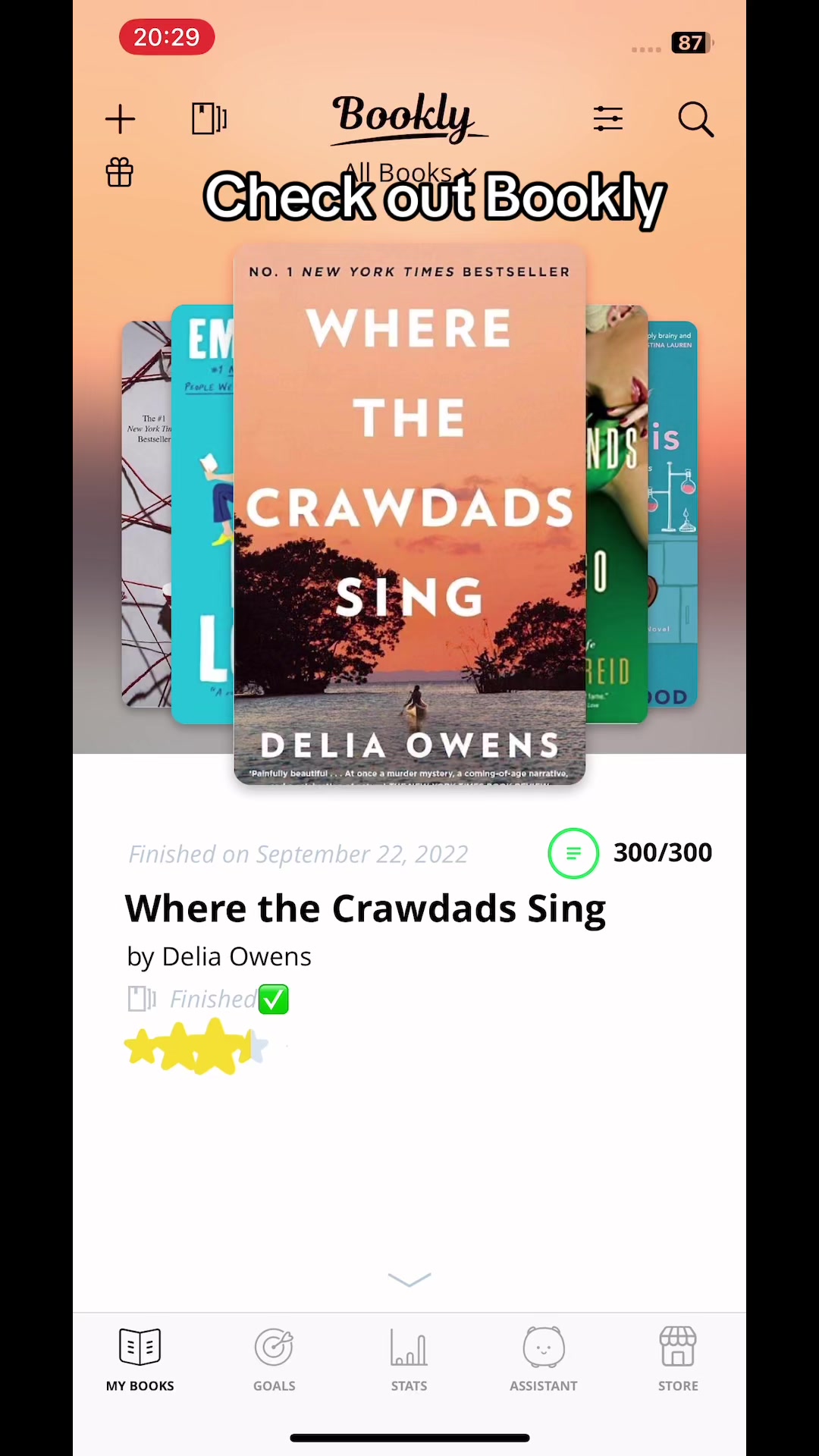 Check out Bookly  WHERE THE CRAWDADS SING  DELIA OWENS  Finished on September 22, 2022  Where the Crawdads Sing by Delia Owens  Finished  🌟🌟🌟🌟