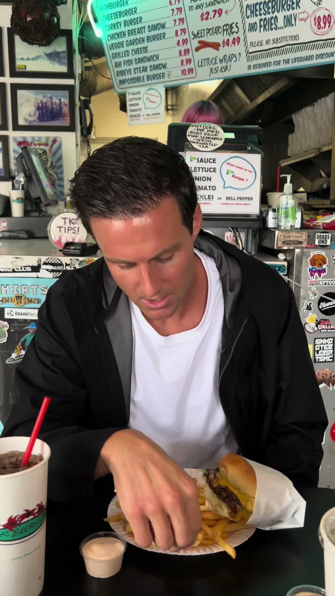 CHEESEBURGER TURKEY BURGER CHICKEN BREAST SAND. VEGGIE GARDEN BURGER GRILLED CHEESE AHI FISH SANDWICH RIBEYE STEAK SAND IMPOSSIBLE BURGER SWEET POTATO FRIES LETUCE WRAPS PLEASE NO SUBSTITUTIONS ID REQUIRED FOR THE LIFEGUARD DISCOUNT JUST ASK! SAUCE LETTUCE ONION TOMATO PICKLES BELL PEPPER