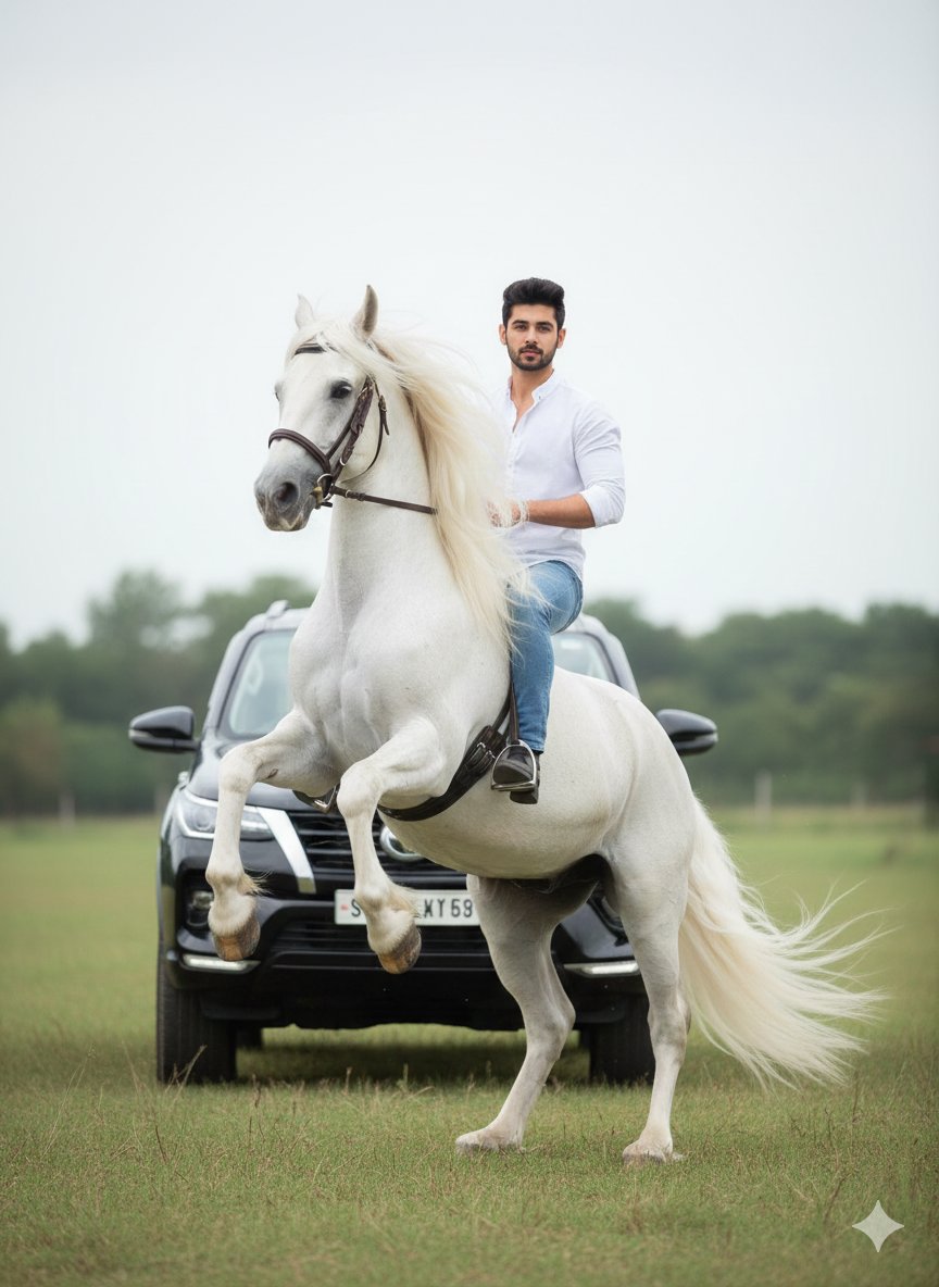 29-year-old man sitting on a majestic white horse