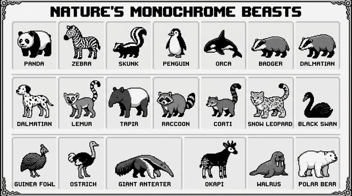 A 16-bit pixel art poster showcasing all the black and white animals of nature.