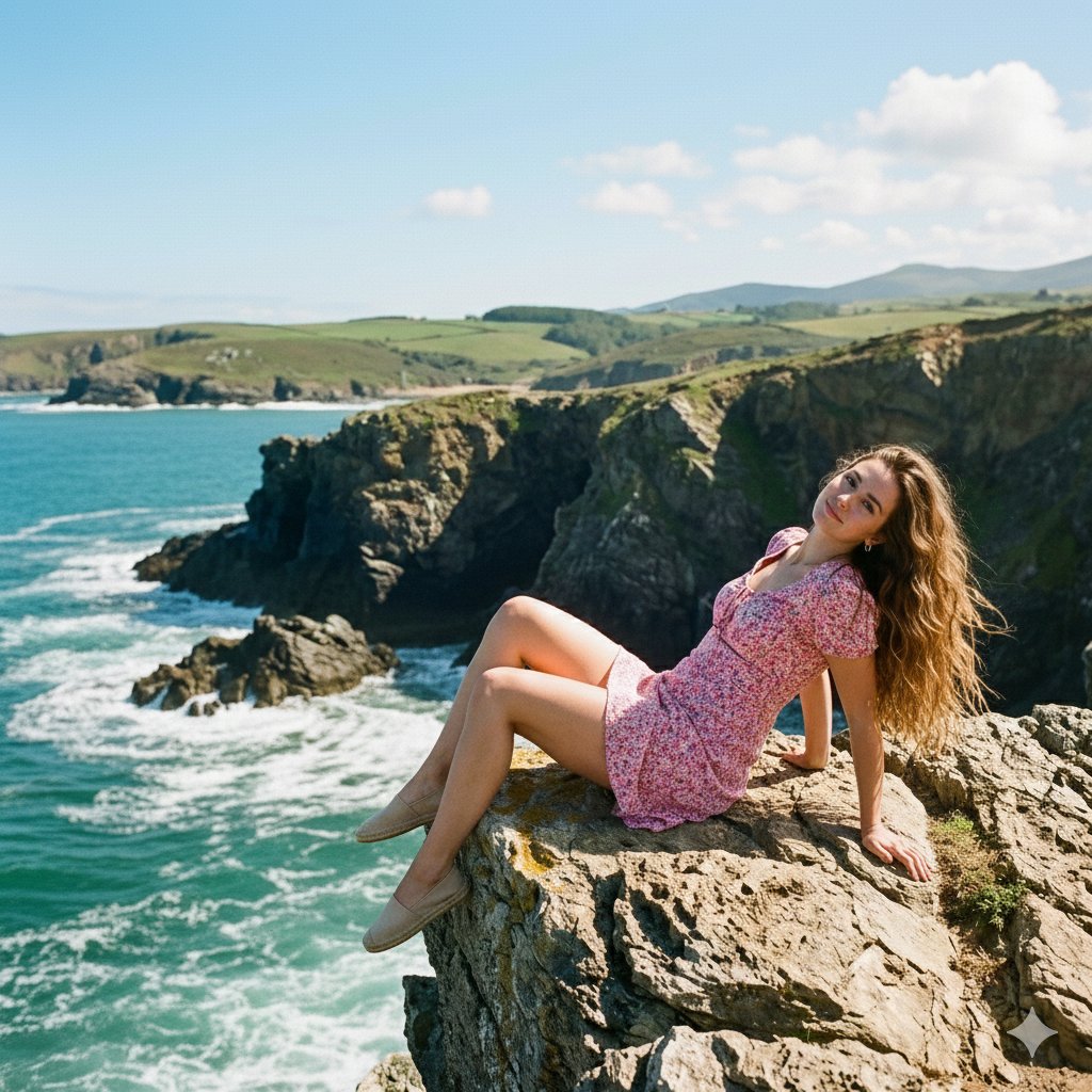 A beautiful young woman reclining naturally on a rocky cliff
