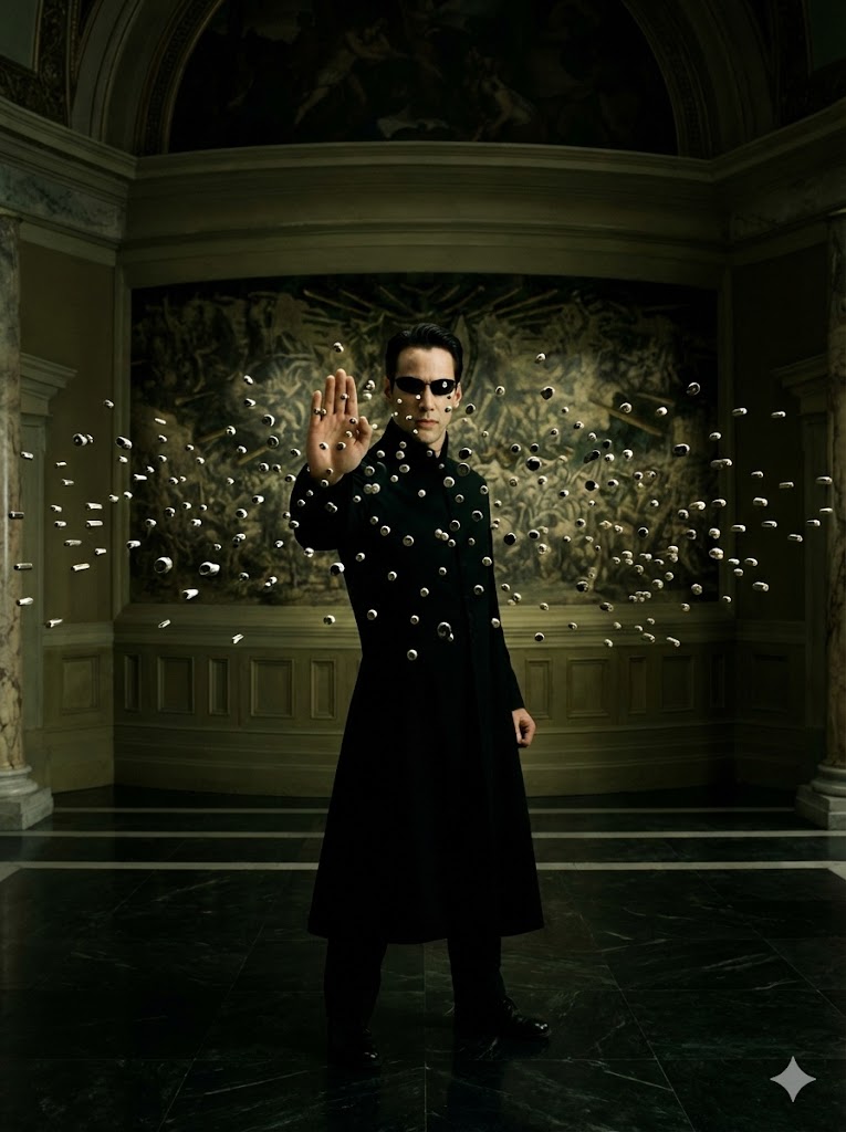 A cinematic, wide shot shows a fair-skinned young adult woman standing in a deso