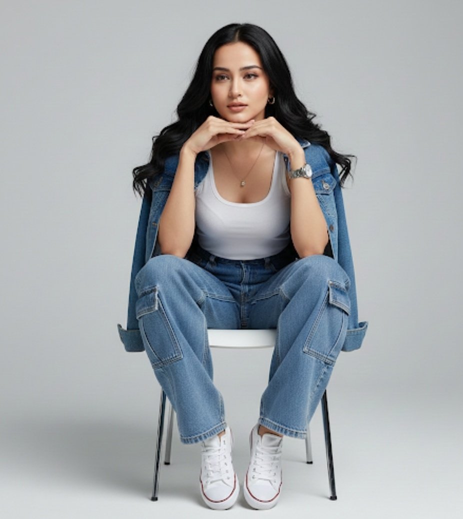 A full-body portrait of a young woman sitting on a white mod