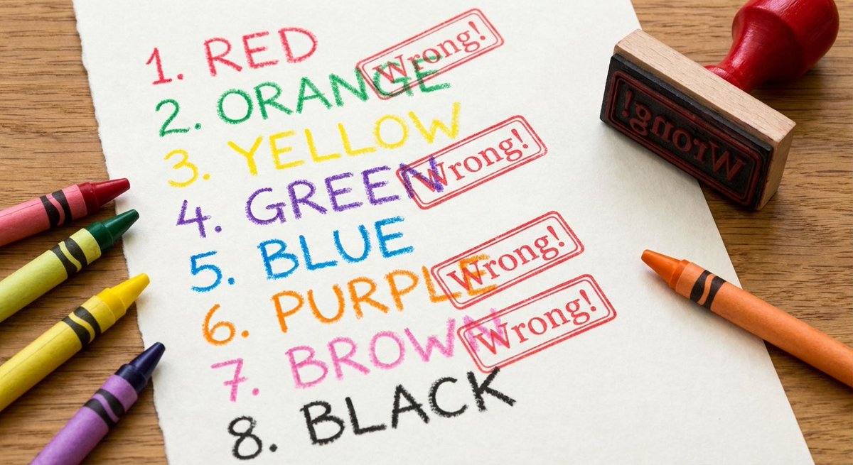 A list of eight color names is written in crayons of the corresponding color, bu
