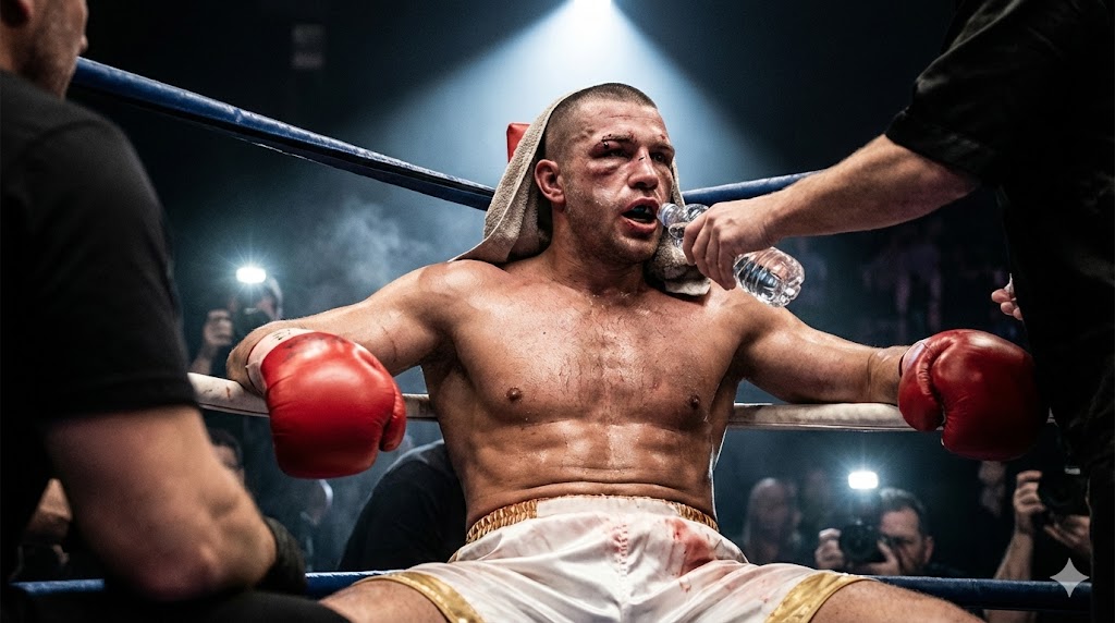 A male boxer sitting in the corner of a ring between rounds,
