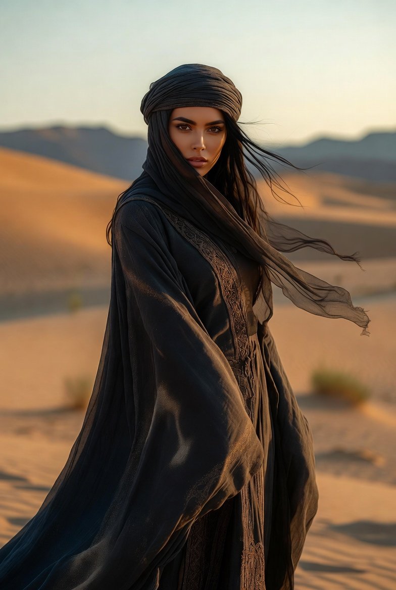 A mysterious woman stands alone in a vast golden desert at sunset, dressed in fl