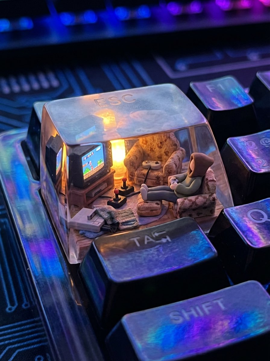 A photorealistic ESC keycap scene shows a miniature cozy living room from 90s..