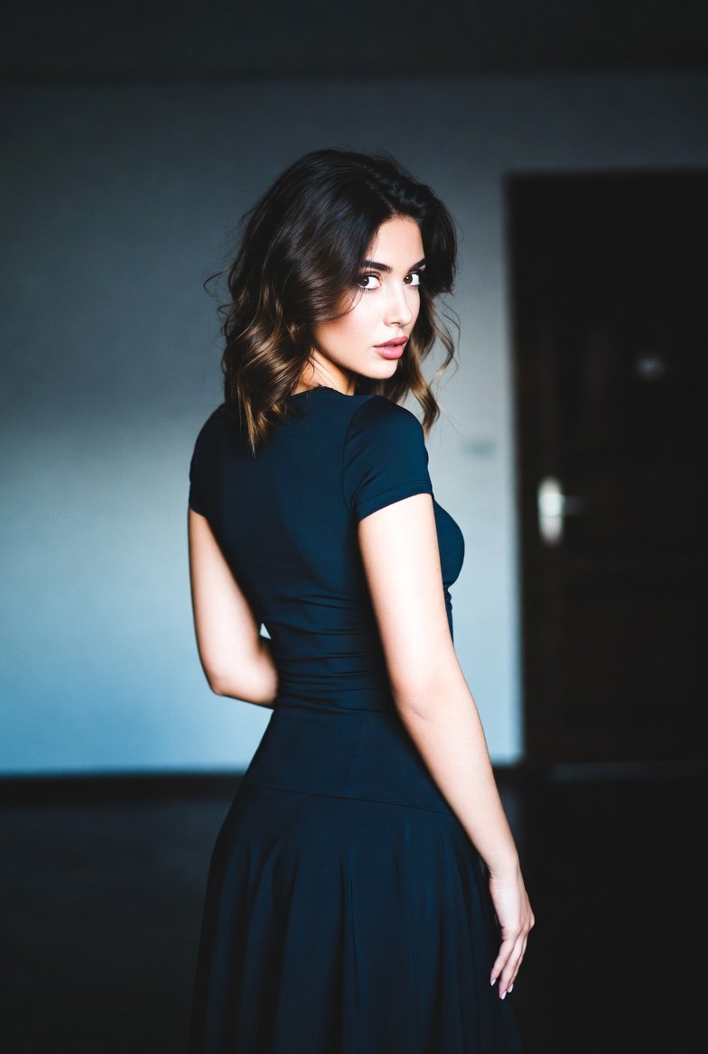 A professional portrait photograph captures a young woman with dark, wavy, shoul