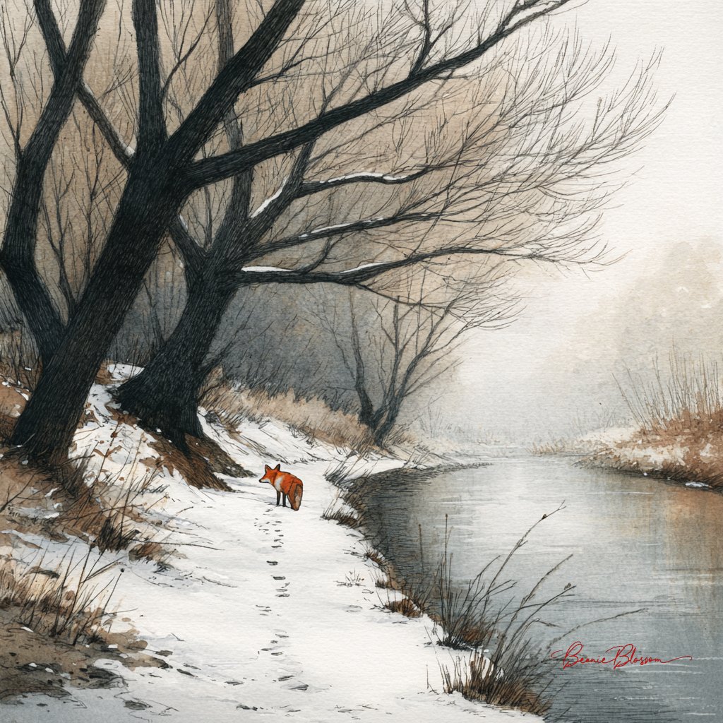 A quiet riverside path dusted with the first snow of the season.