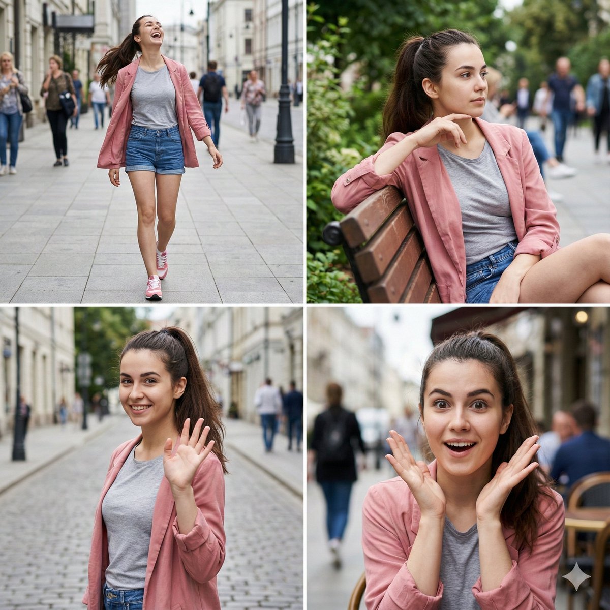 A real-life young woman with dark brown hair in a high ponyt