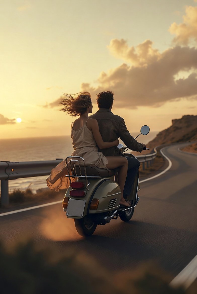 A romantic couple enjoys a scenic coastal drive on a vintage scooter during suns
