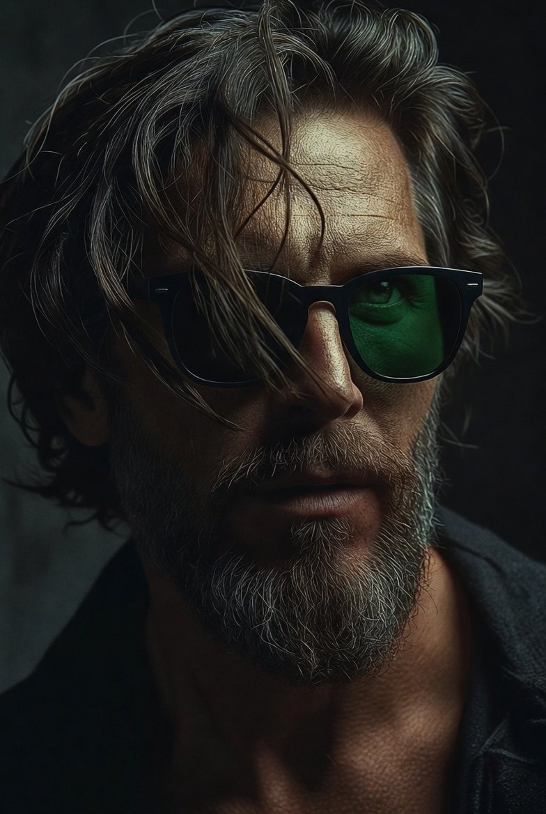 A rugged, intense close-up portrait of a middle-aged man with a textured beard a