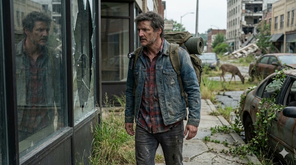 A rugged male survivor walking through an overgrown city str