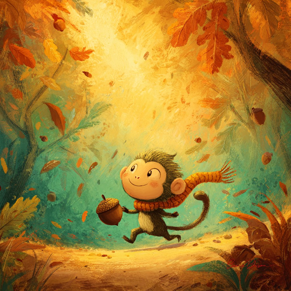 A tiny monkey wearing a knitted scarf rolls a giant acorn down a forest path, le
