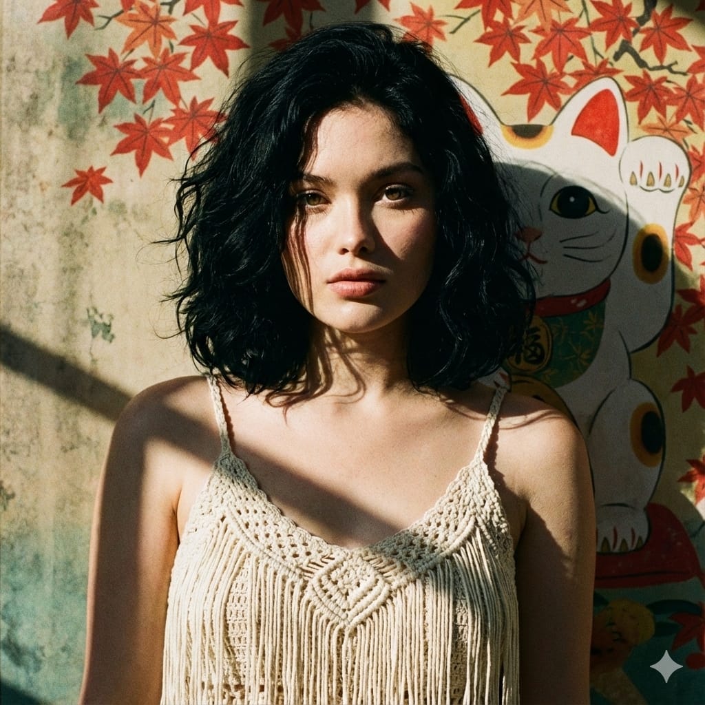 A vintage-style cinematic close-up portrait of a young Asian woman.