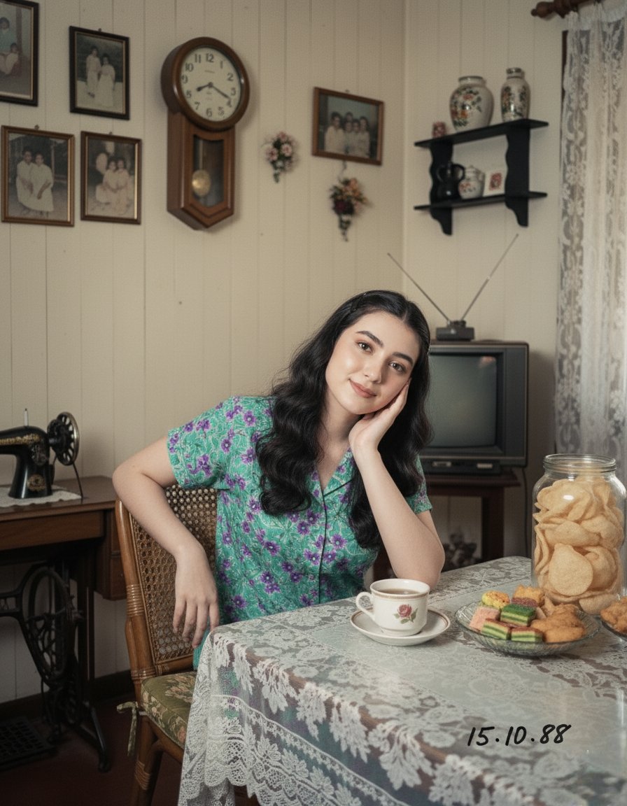 A young Asian woman seated in a cozy 1980s family kitchen, r