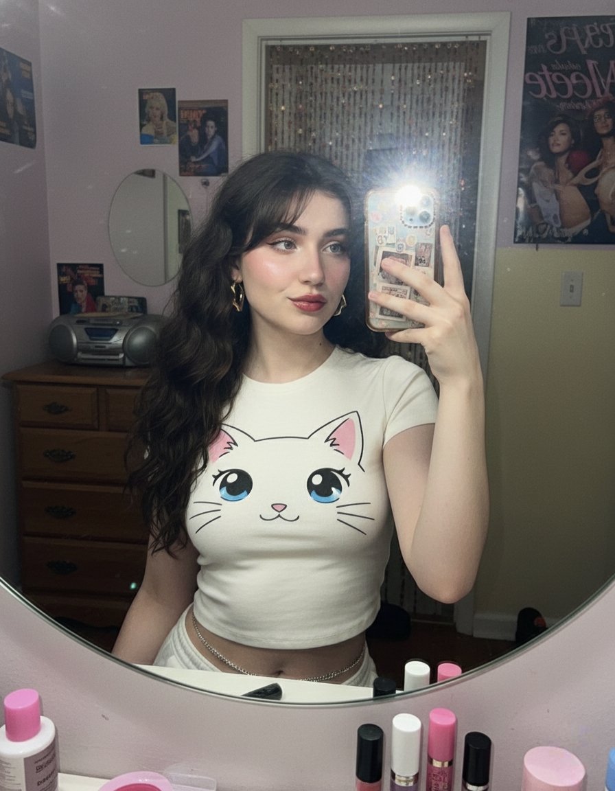 A young woman taking a mirror selfie with very long volumino