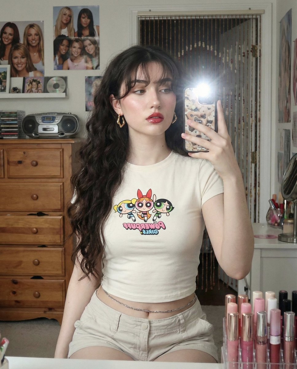 A young woman taking a mirror selfie with very long volumino