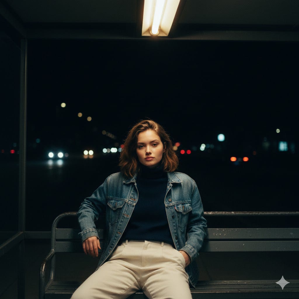 A young woman with a contemplative expression, seated casually at an old metal