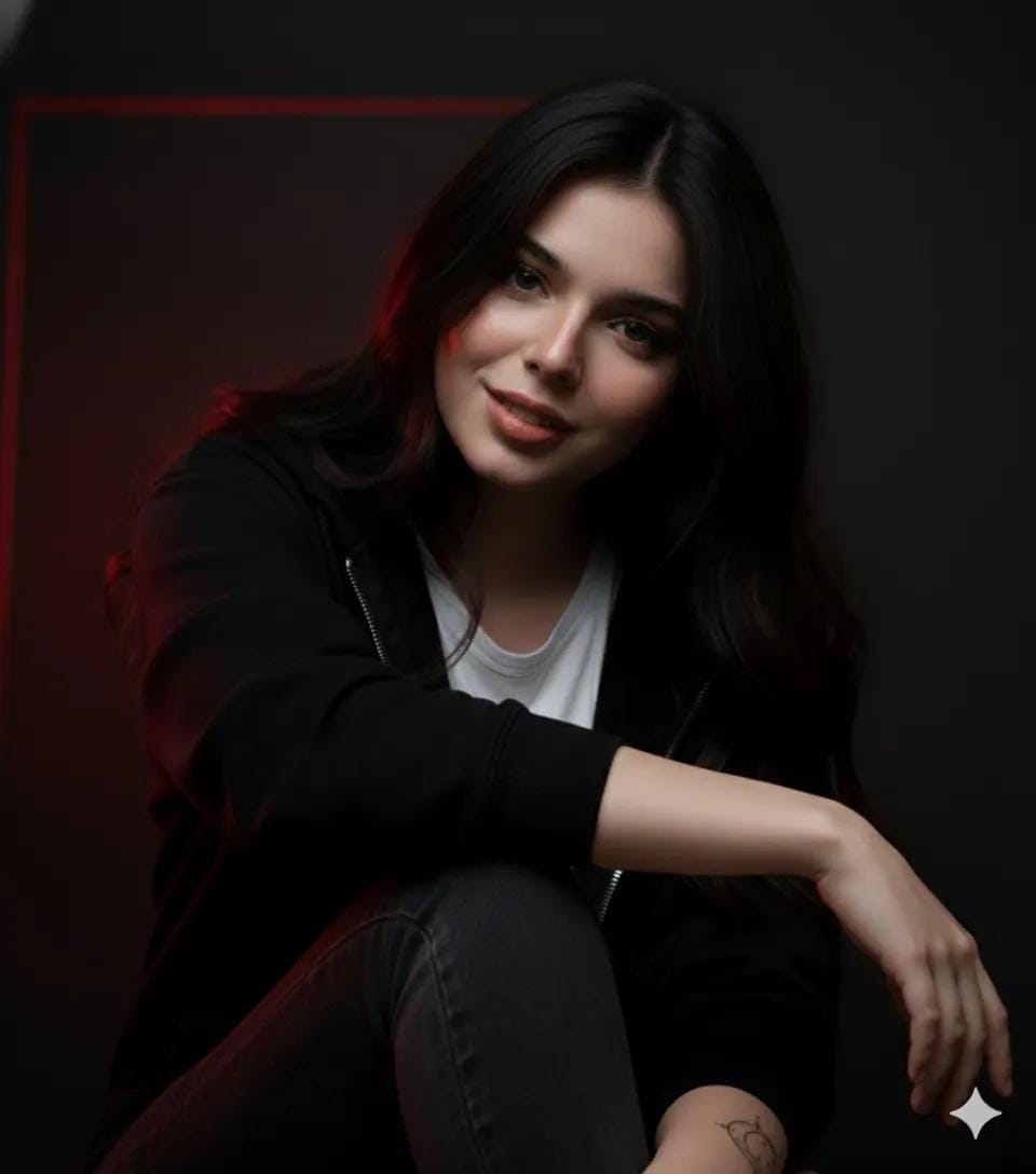 A young woman with dark wavy hair sits in a black hoodie partially open over a w