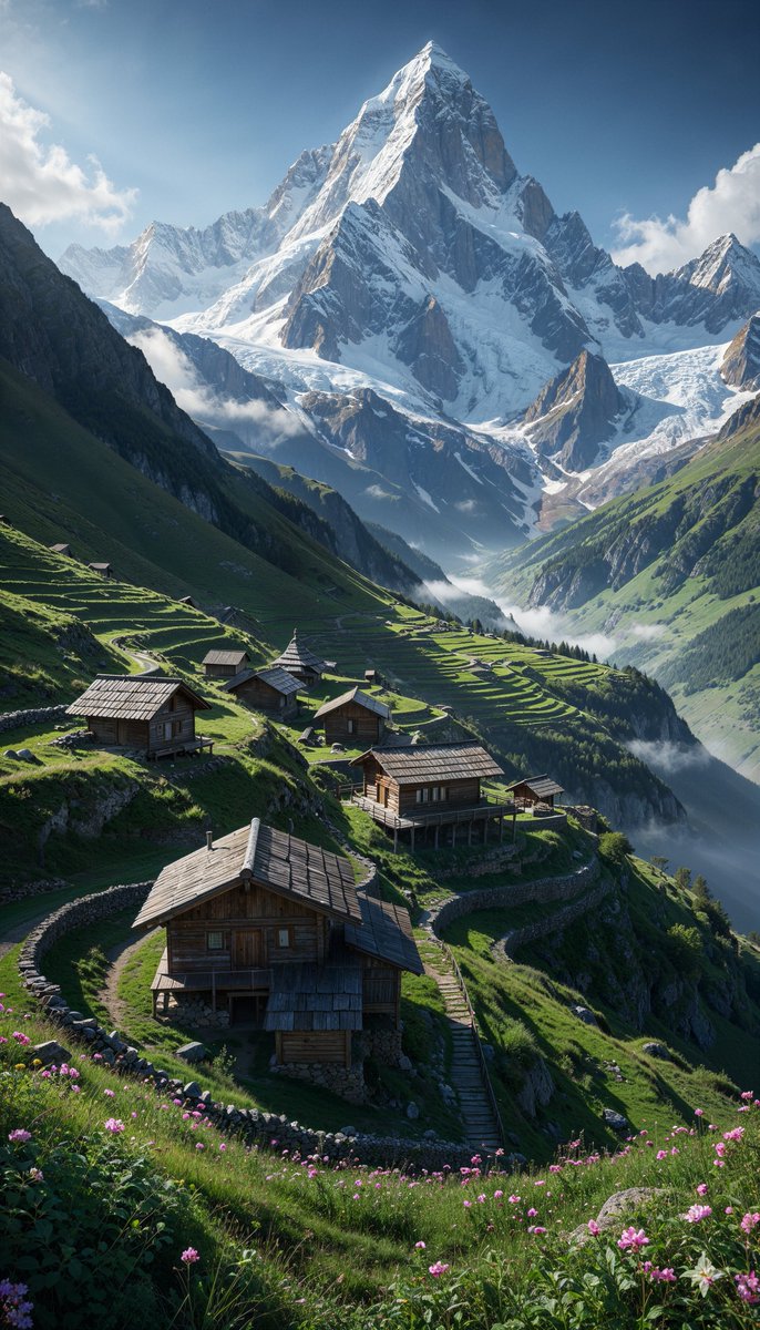 Alpine Village & Majestic Snow-Capped Mountains Landscape