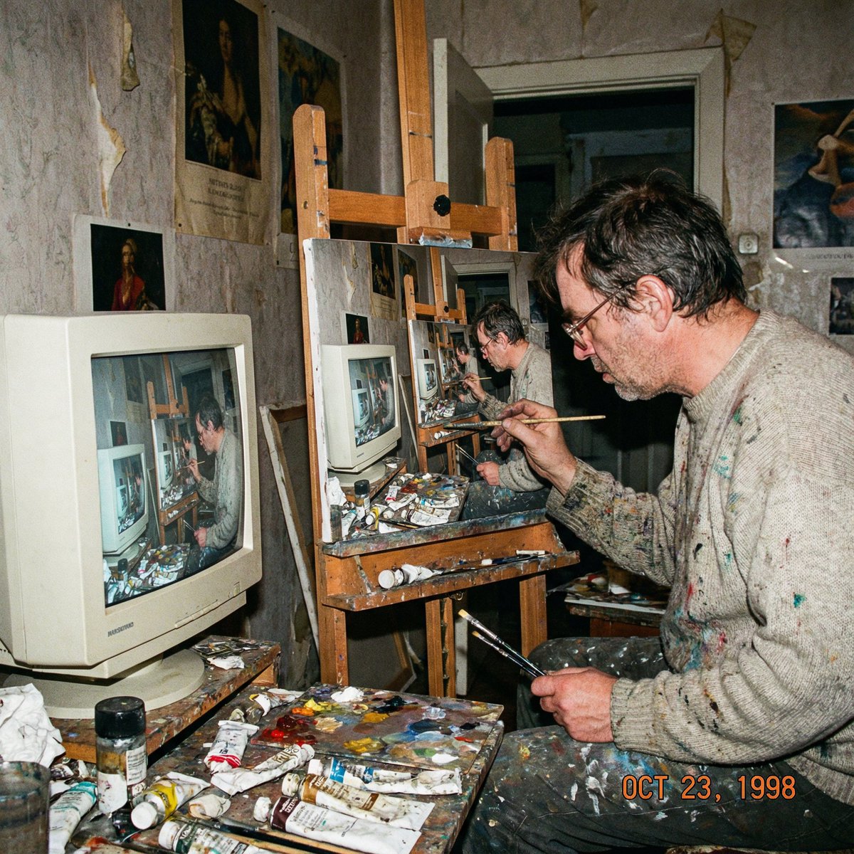 Amateur photograph from 1998 of a middle-aged artist copying an image by hand fr