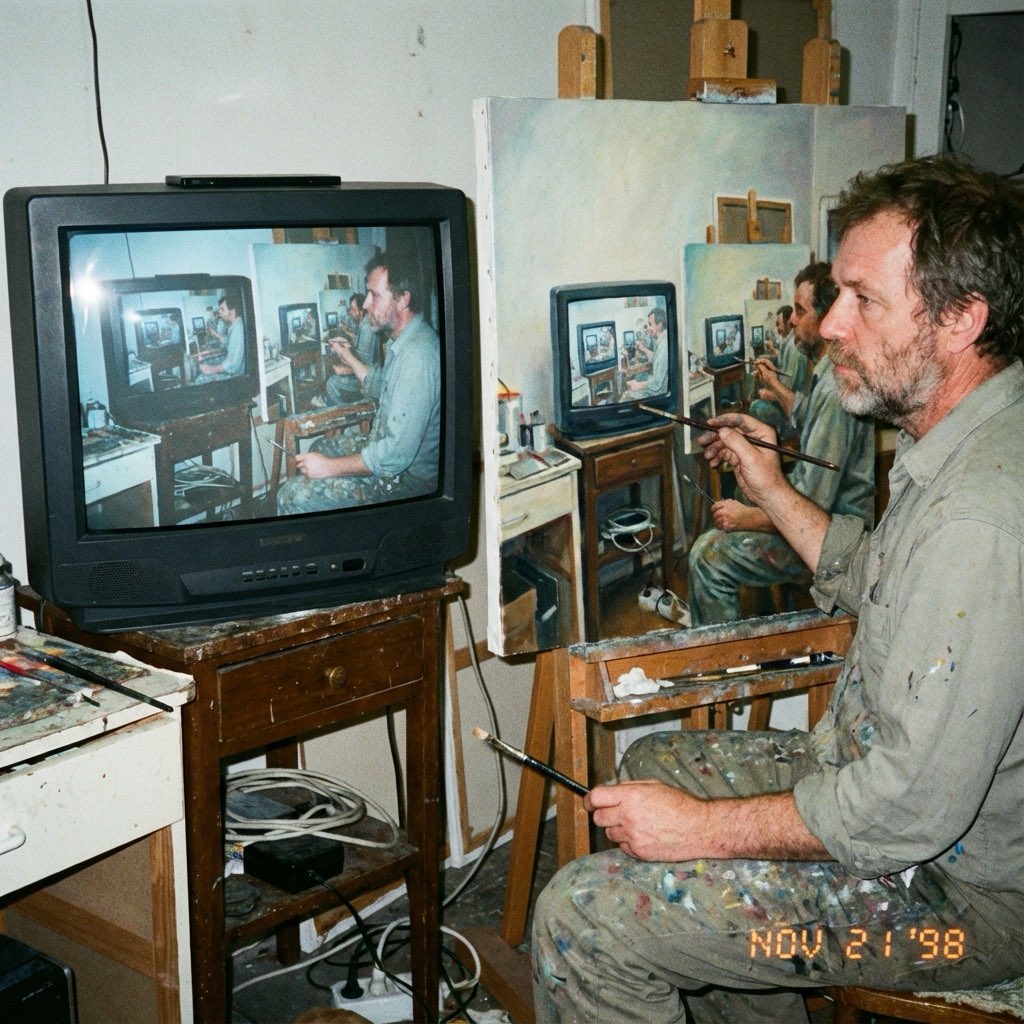 Amateur photograph from 1998 of a middle-aged artist copying an image by hand fr