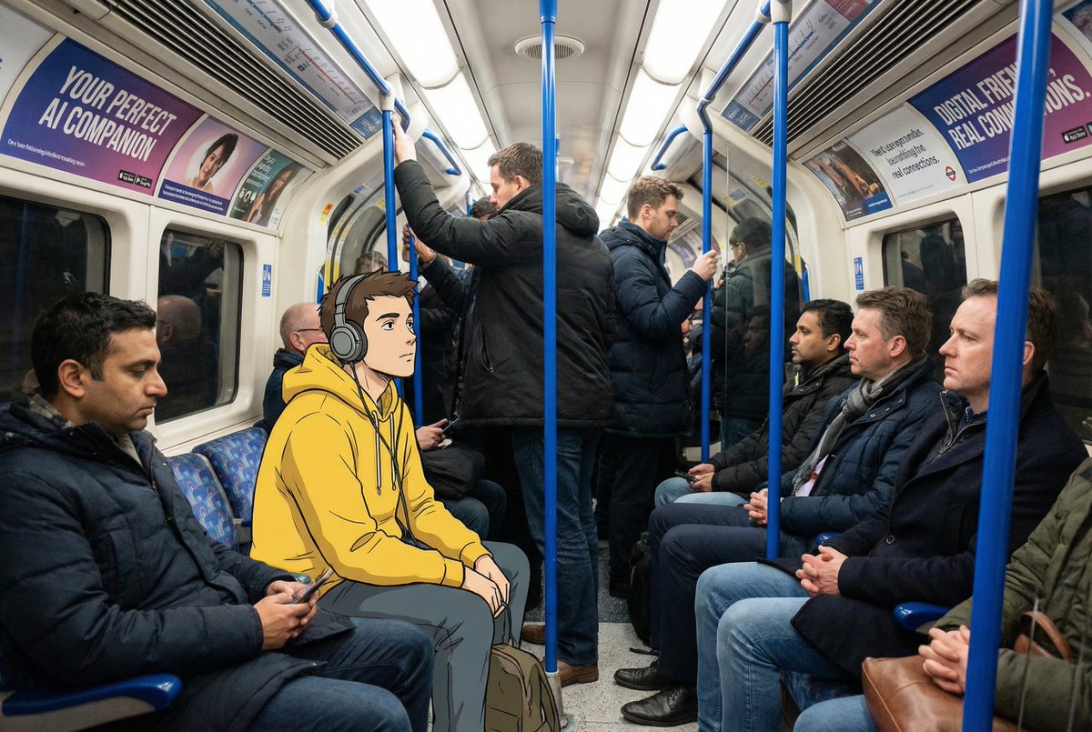 > An anime man with a yellow hoodie sitting on the london underground, it is a p