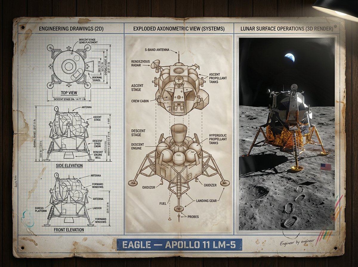Apollo 11 Lunar Module LM-5 Eagle Blueprint & Moon Render