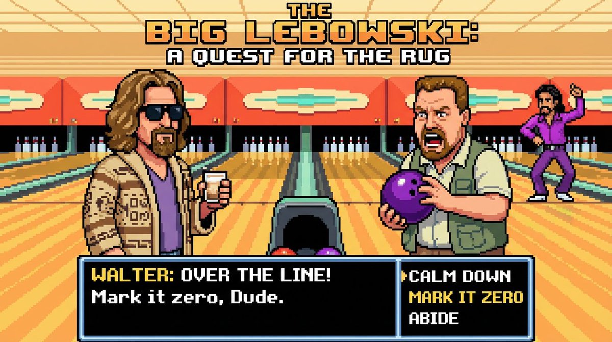 Big Lebowski Pixel Art: Dude, Walter, Retro Game Screen