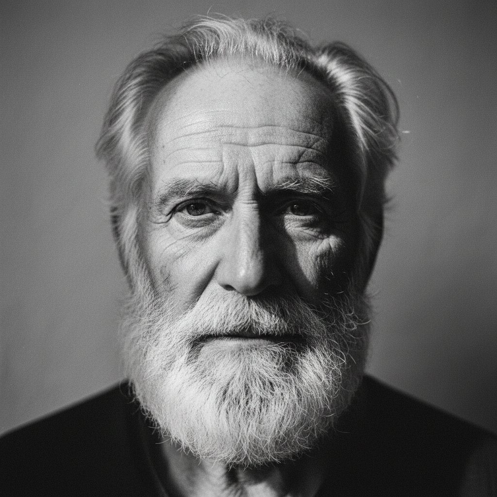 Black and white portrait of an elderly bearded man, full face, deep set eyes, fi
