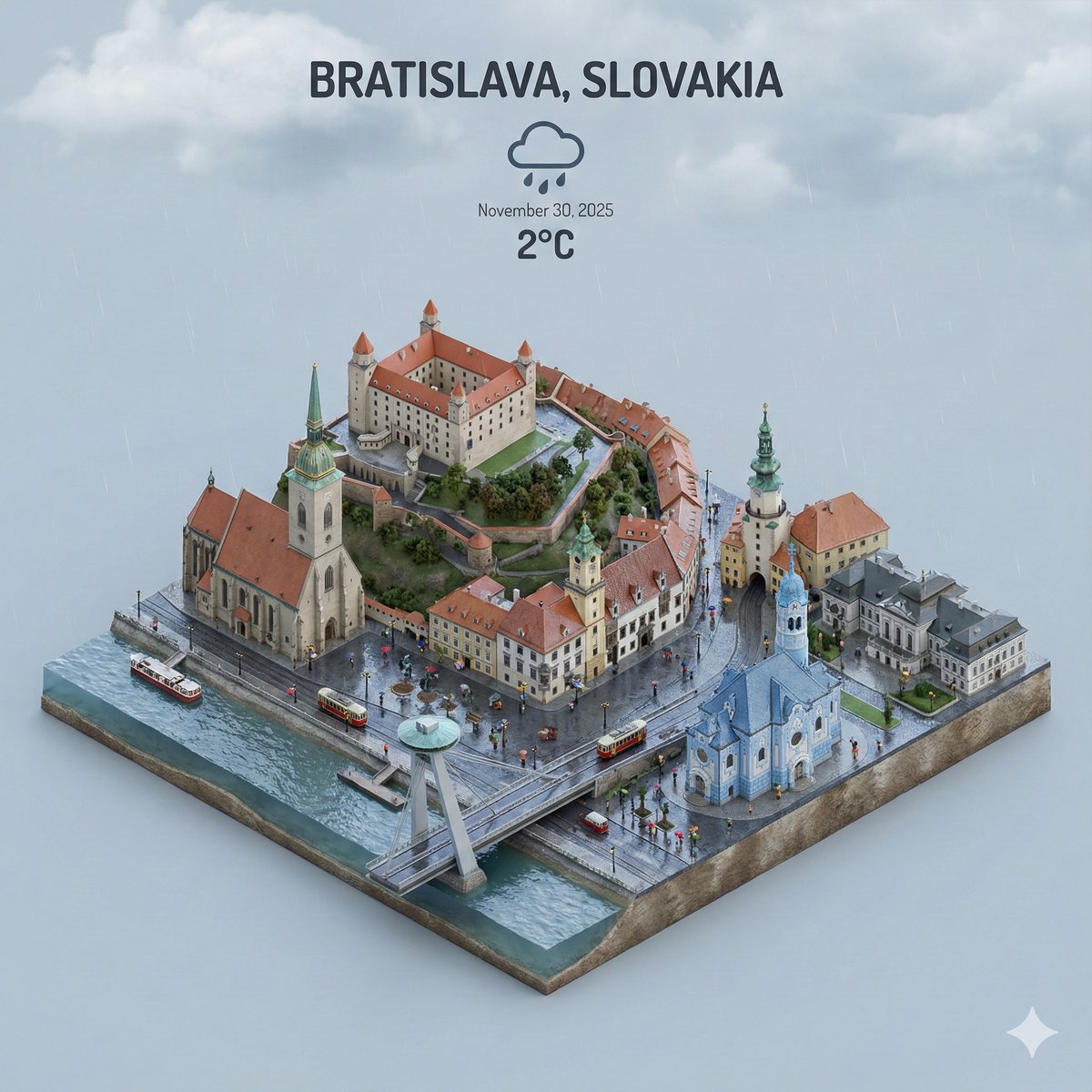 Bratislava 3D Miniature Cityscape | Rainy Day Render