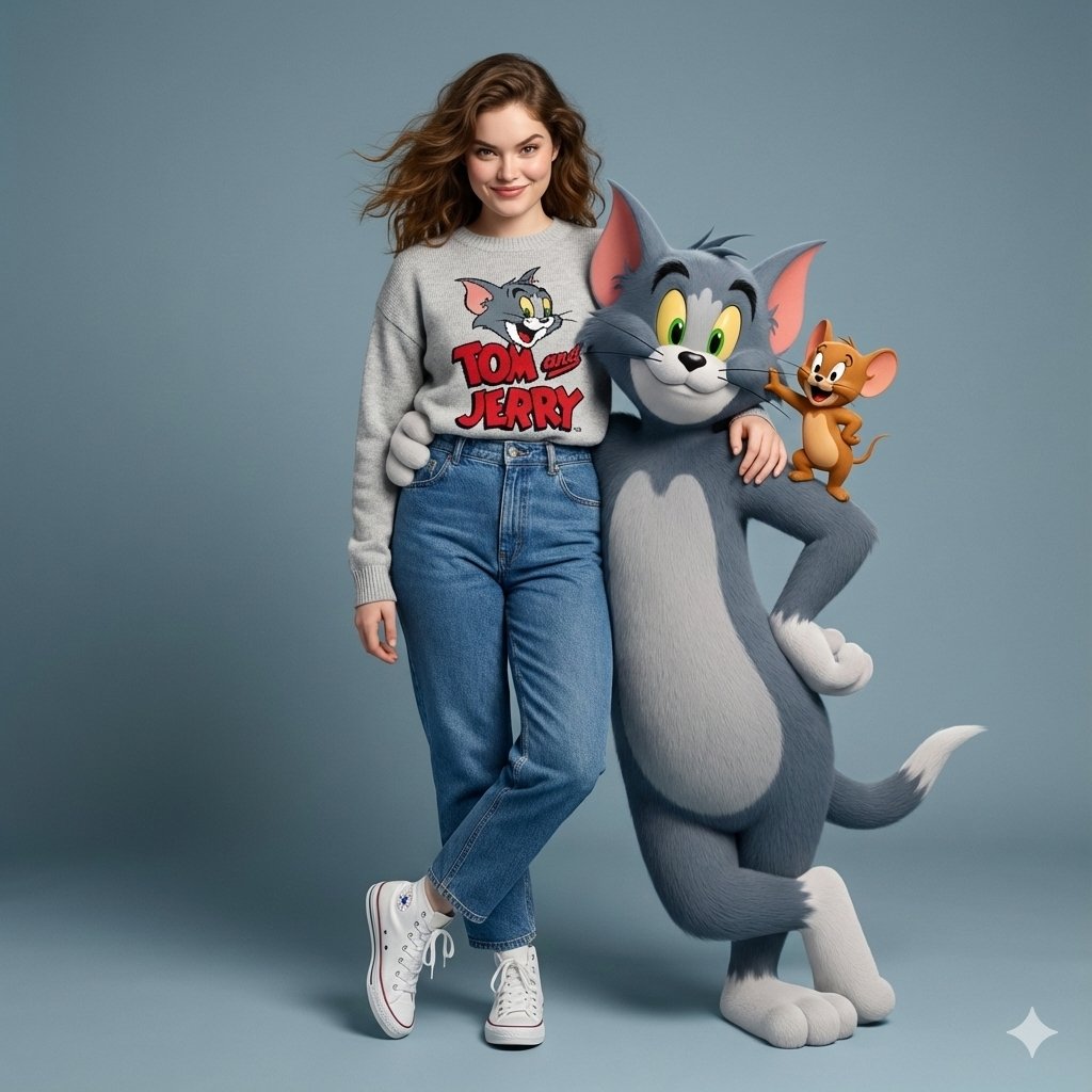 Cheerful Woman in Tom & Jerry Sweater with Cartoon Pals