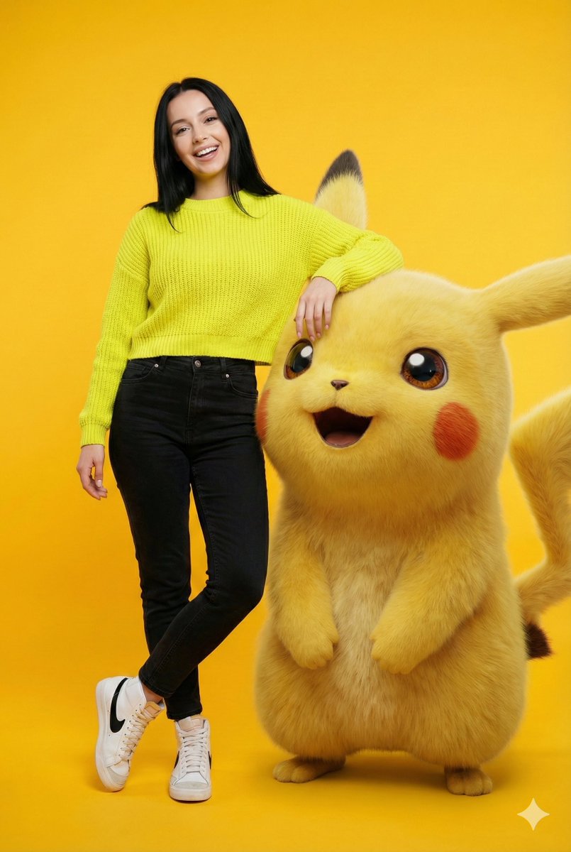 Cheerful Woman Posing with Pikachu - PokΓ©mon Studio Photo