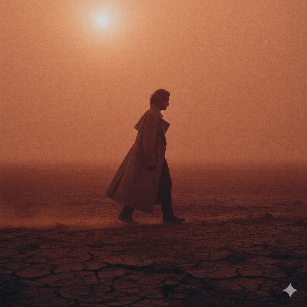Cinematic Desert Walk: Solitary Figure in Orange Haze