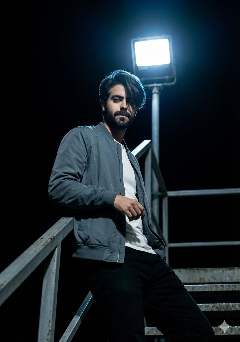 Cinematic, low-light photograph of a young man with dark