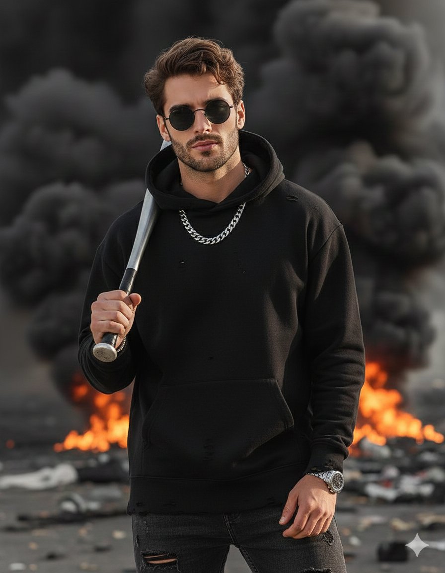 Completing the look with a chunky silver chain around his ne