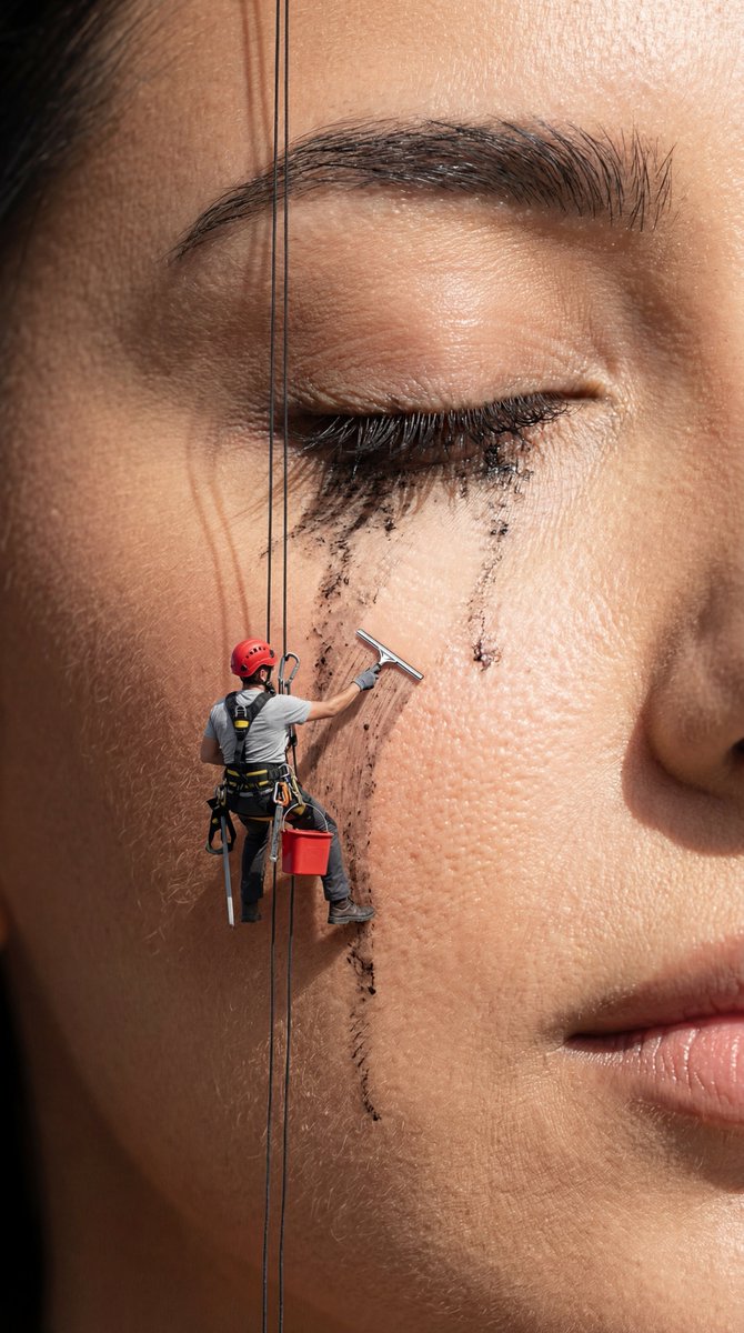 Conceptual Photo: Woman's Mascara Cleaned by Mini Worker