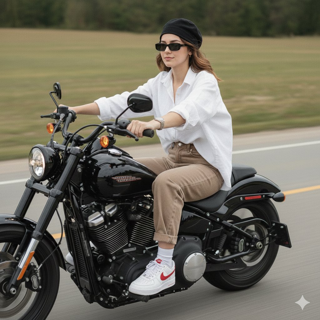 Confident Woman on Harley-Davidson Motorcycle Fashion