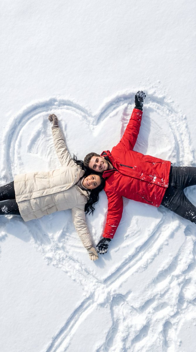 Couple Making Snow Angels in Heart | Winter Romance Photo