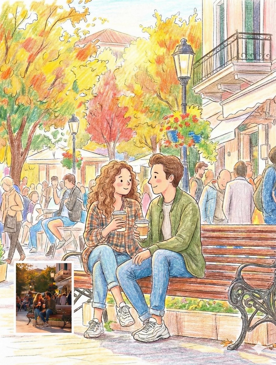 Cozy Autumn Couple Illustration in City Street Scene
