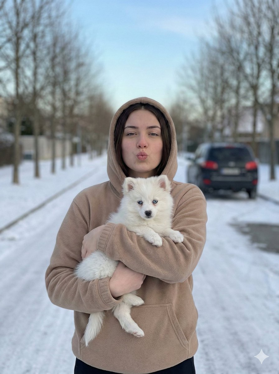 Create a natural winter portrait featuring a young woman and