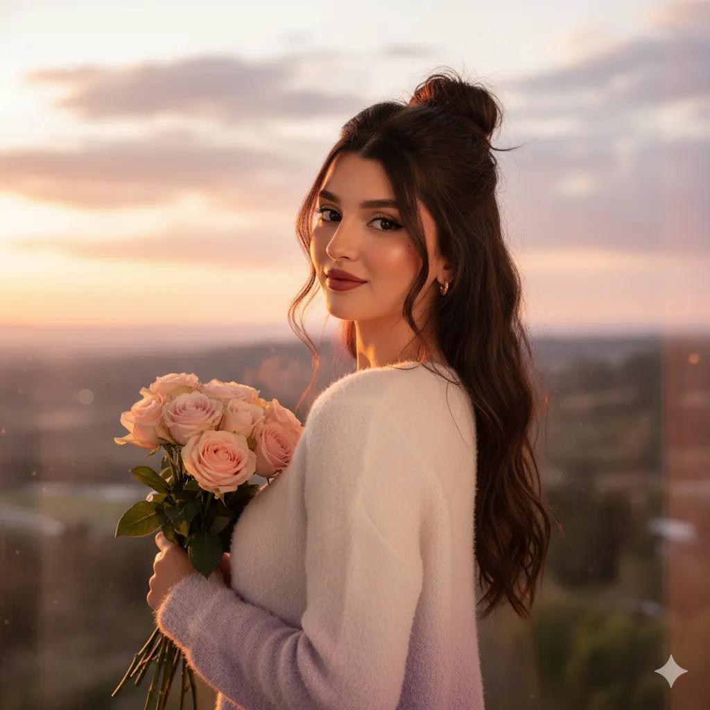 Create a portraitt of A beautiful young woman standing near