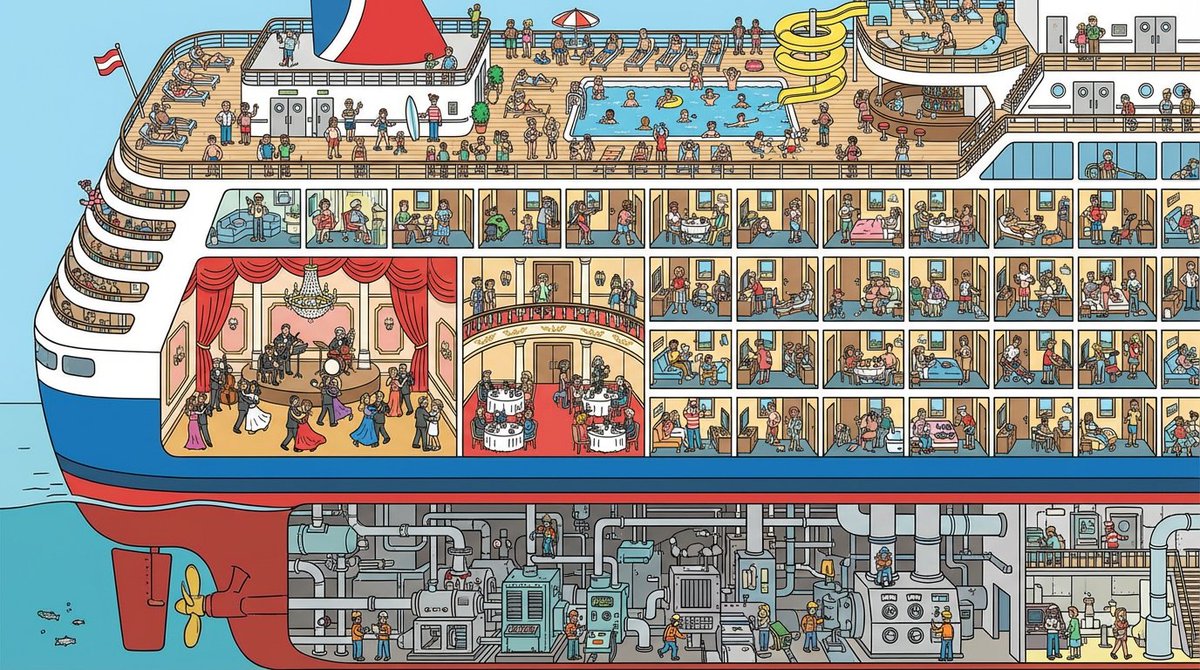 Cutaway illustration of a cruise ship