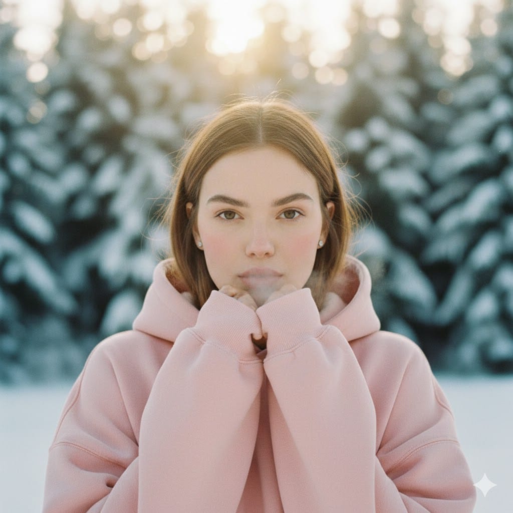 Cute and aesthetic winter portrait featuring a woman in an oversized pastel hood