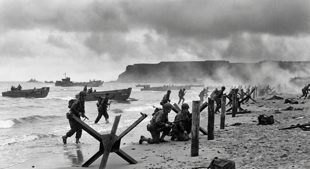 D-Day Landing WWII Soldiers Omaha Beach Black White Photo