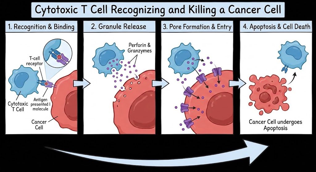 Describe in an illustration the events for a cytotoxic T cell recognizing & kill