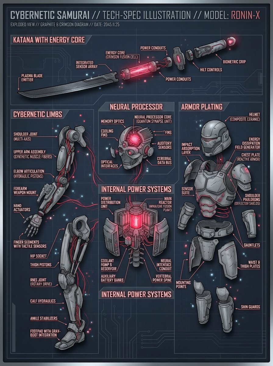 Detailed technical illustration of a Cybernetic Samurai