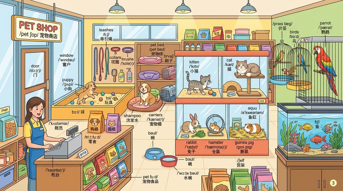 Draw a detailed pet shop scene and label every object with E